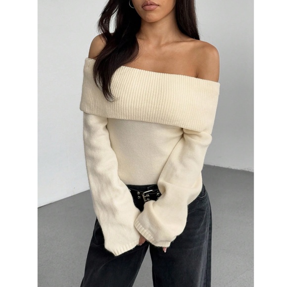 Cream Off The Shoulder Fold Over Sweater Pullover Knit Long Sleeve - Picture 3 of 13